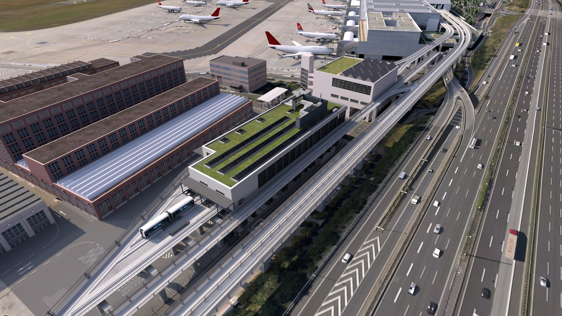 Die neue Sky Line-Bahn bindet das neu errichtete Terminal 3 im südlichen Bereich des Flughafens an die bestehende Flughafen Infrastruktur im Nordbereich an.