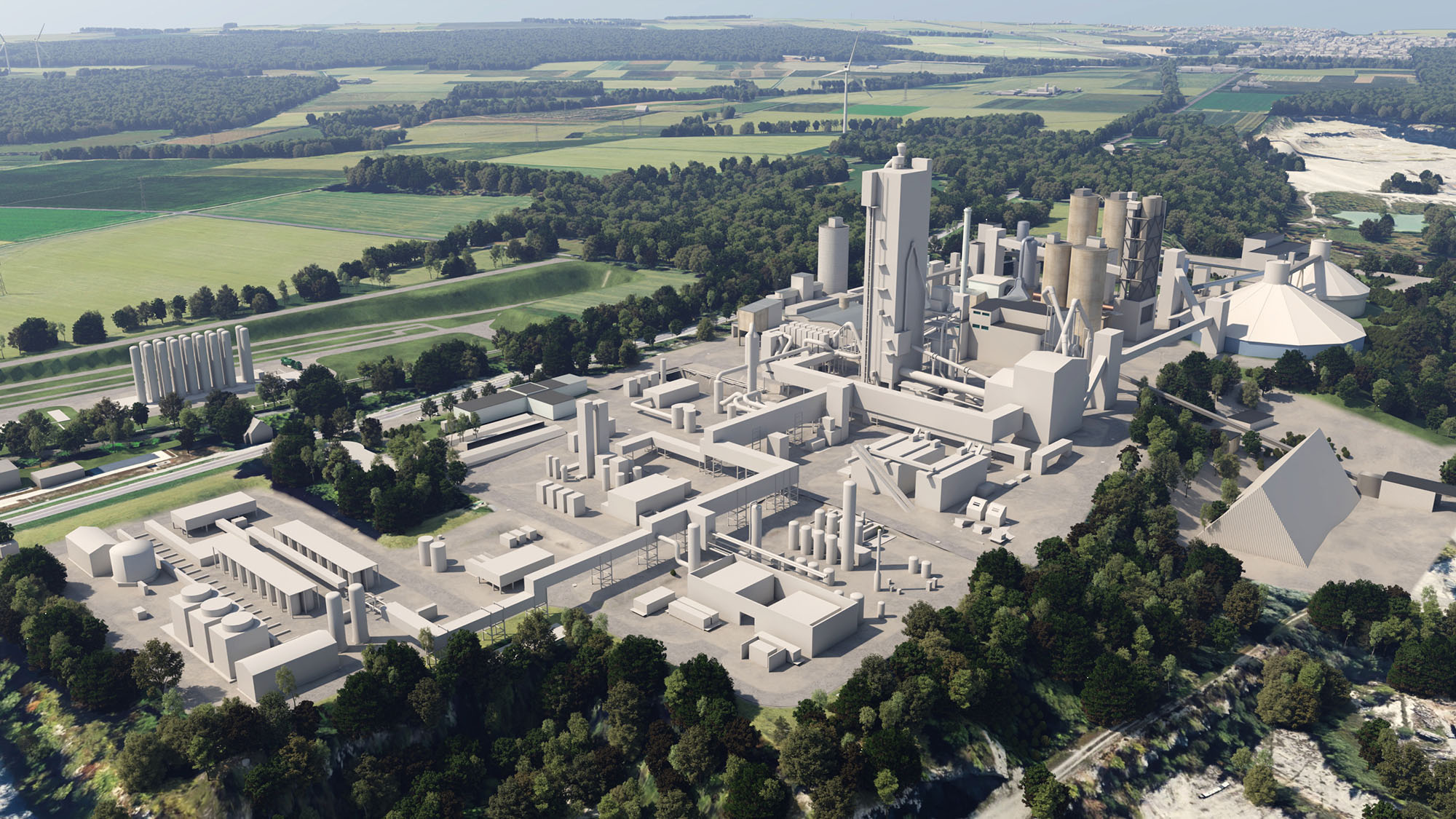 3D-Darstellung eines Industriekomplexes mit mehreren großen Strukturen wie Silos, Türmen und Gebäuden mit verschiedenen mechanischen Komponenten, umgeben von Grünflächen und Feldern in ländlicher Umgebung