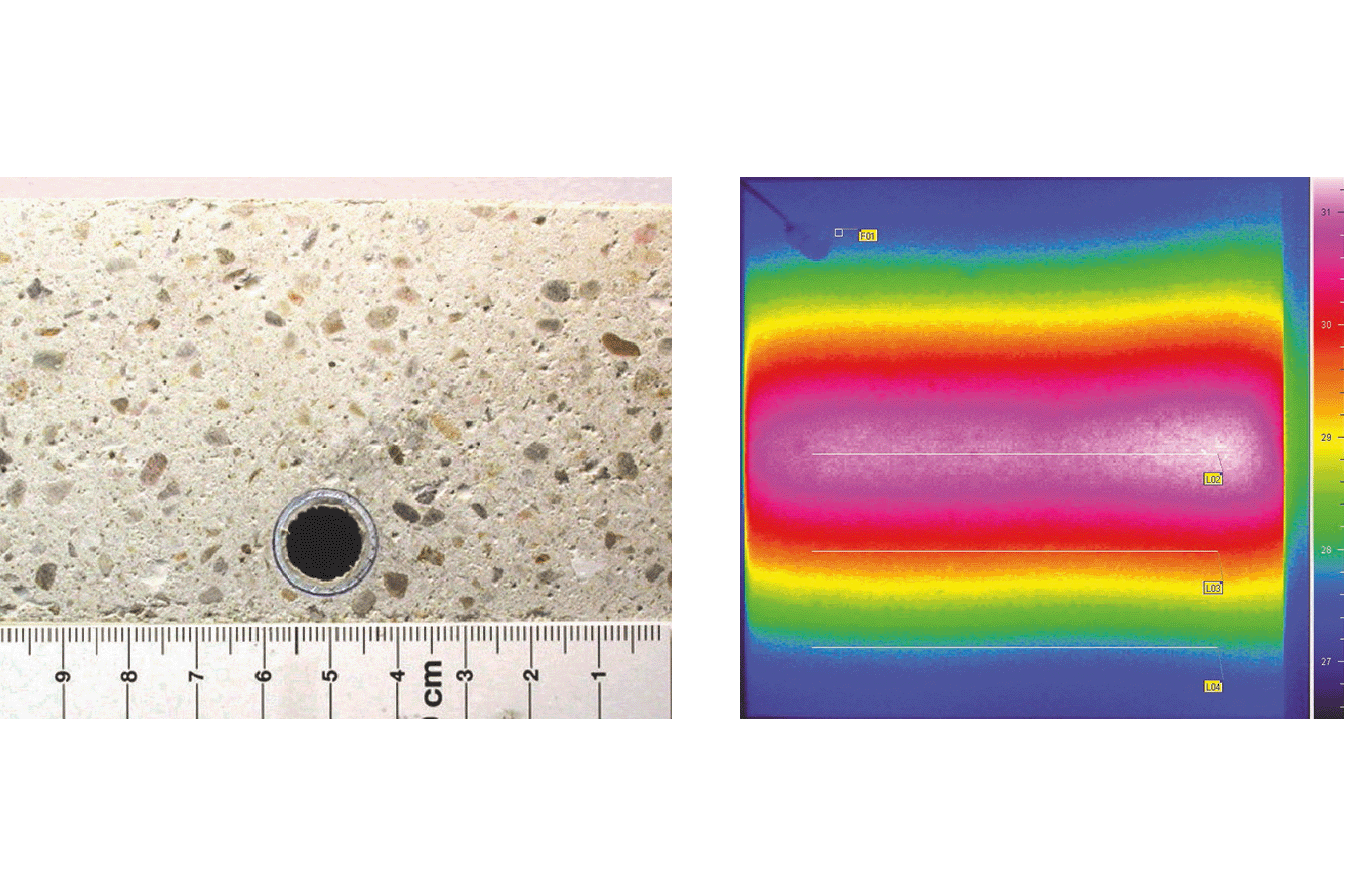 Zwei nebeneinander angeordnete Bilder: Links eine Nahaufnahme von Fließestrich und einer darunterliegenden Maßskala; rechts eine Wärmebilddarstellung derselben Oberfläche mit farbigen Bereichen, die Temperaturunterschiede zeigen (rot und gelb als warme, violett und blau als kältere Regionen).