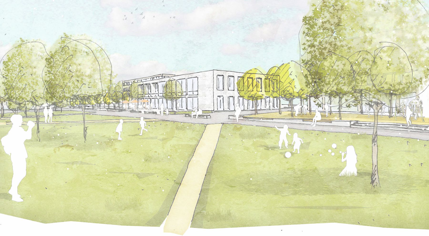 Illustration eines großzügigen Grünraums mit Baumgruppen, Wegen und spielenden Personen, dahinter das Bürgerhaus und angrenzende Gebäude.
