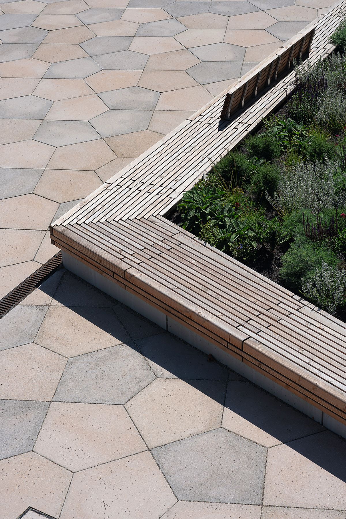 Polygonale Betonplatten in warmen Beige- und Grautönen, kombiniert mit einer L-förmigen Sitzkante aus schlanken Beton- und Holzelementen, neben einer bepflanzten Grünfläche.