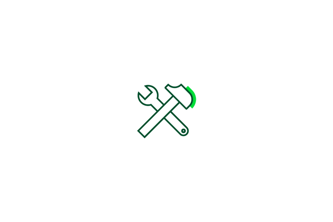 Symbol von gekreuzten Werkzeugen in Grün, das auf Bau- und Reparaturkonzepte hinweist.