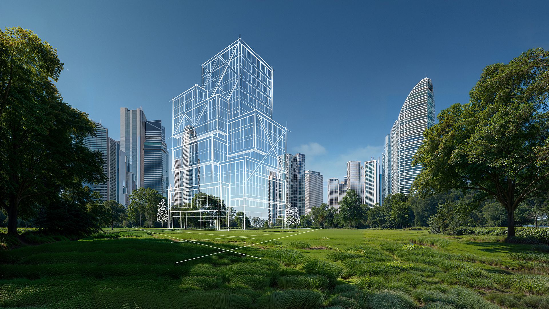 Ein Park mit Grasflächen und Bäumen vor einer Stadtsilhouette, ergänzt durch eine transparente Modellstruktur eines Gebäudes.