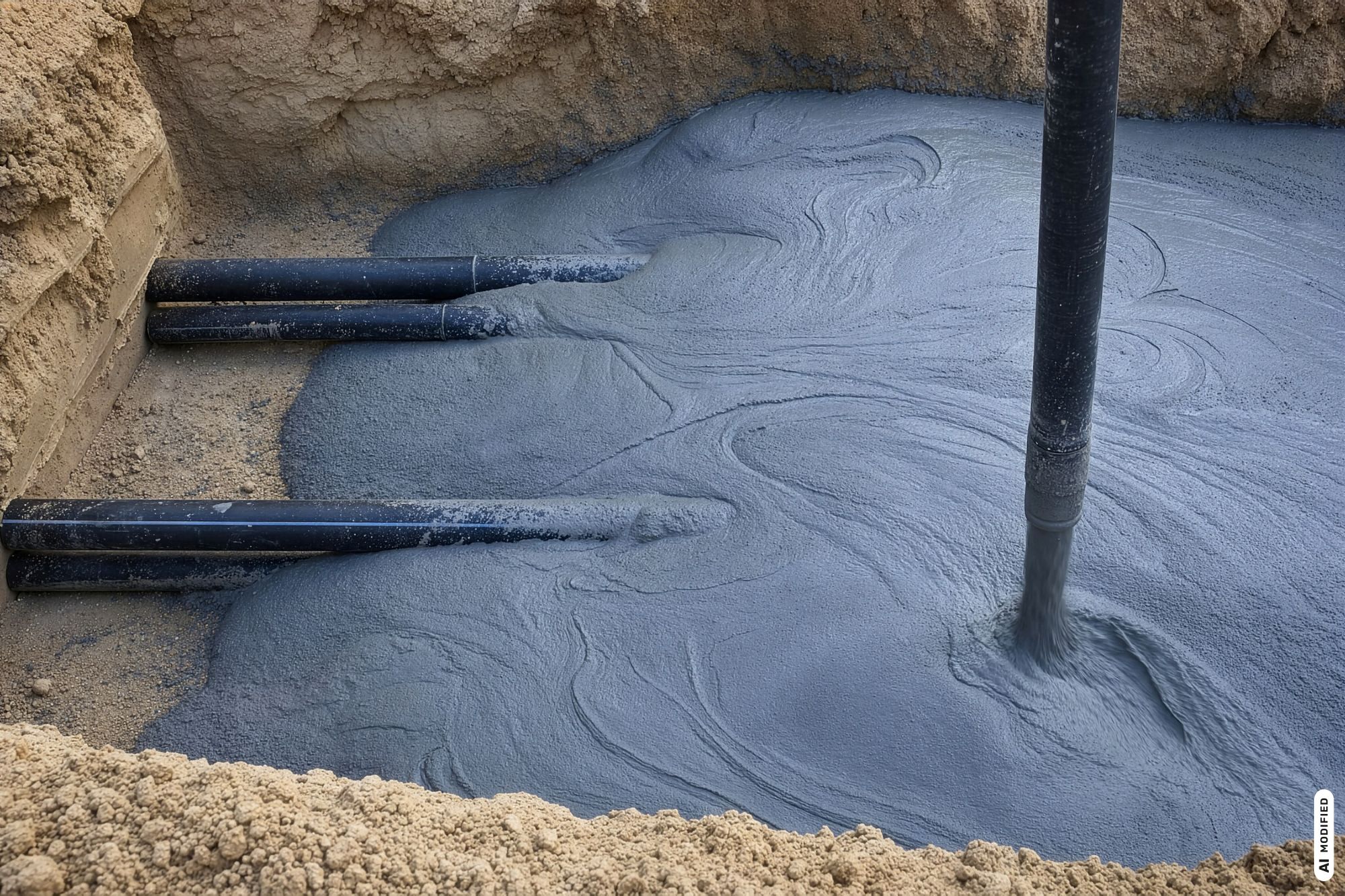 Frisch eingebauter Beton wird aus einem Rohr in eine Baugrube geleitet.