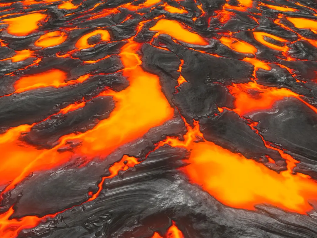 Glühende, orange-rote, flüssige Lava, durchzogen von schwarzem, abgekühltem Gestein als Leitmotiv für den Spezialbaustoff ThermoCem.