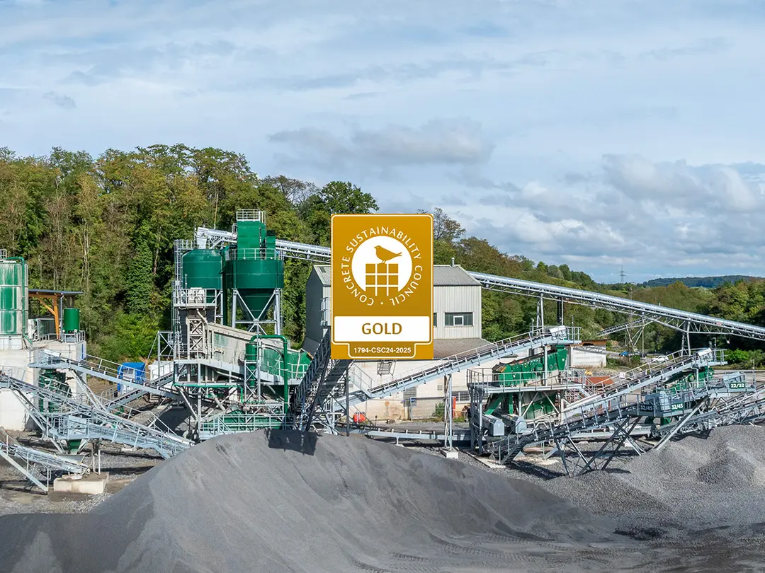 Luftaufnahme des Kies- und Schotterwerks Nußloch der Heidelberg Materials Mineralik.