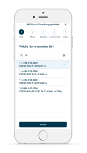 OnSite App Betonbestellung Sortenauswahl