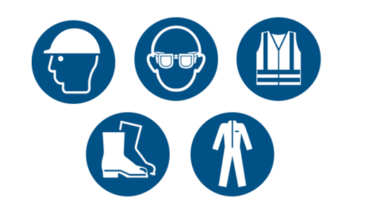 Symbole für Arbeitsschutzmaßnahmen: Schutzhelm, Schutzbrille, Warnweste, Sicherheitsschuhe und Schutzkleidung.