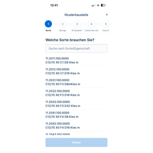 OnSite App Betonbestellung Sortenauswahl