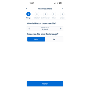 OnSite App Betonbestellung Mengenauswahl