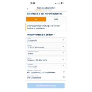 Mobile-Benutzeroberfläche zur Bestellung von Baustoffen mit Eingabefeldern für Lieferdetails.