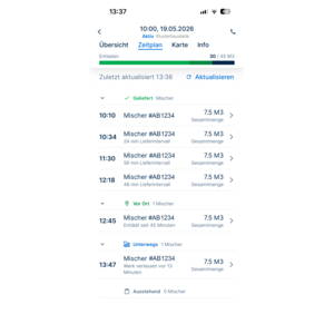 Eine mobile App-Oberfläche zeigt Zeitstempel und Materialtransporte mit Mengenangaben in Megabyten.