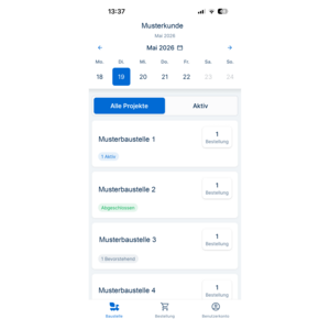 Screenshot einer App-Oberfläche mit einer Terminübersicht und einer Liste von Bauprojekten.