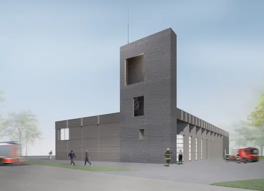 Der 18 Meter hohe Turm in R-Sichtbeton mit der Struktur der Holzschalung.
