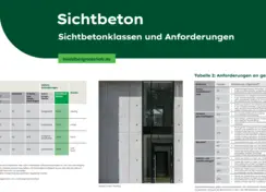 Sichtbeton-Übersicht mit Tabelle zu Eigenschaften, Anforderungen und Anwendungsbeispielen.